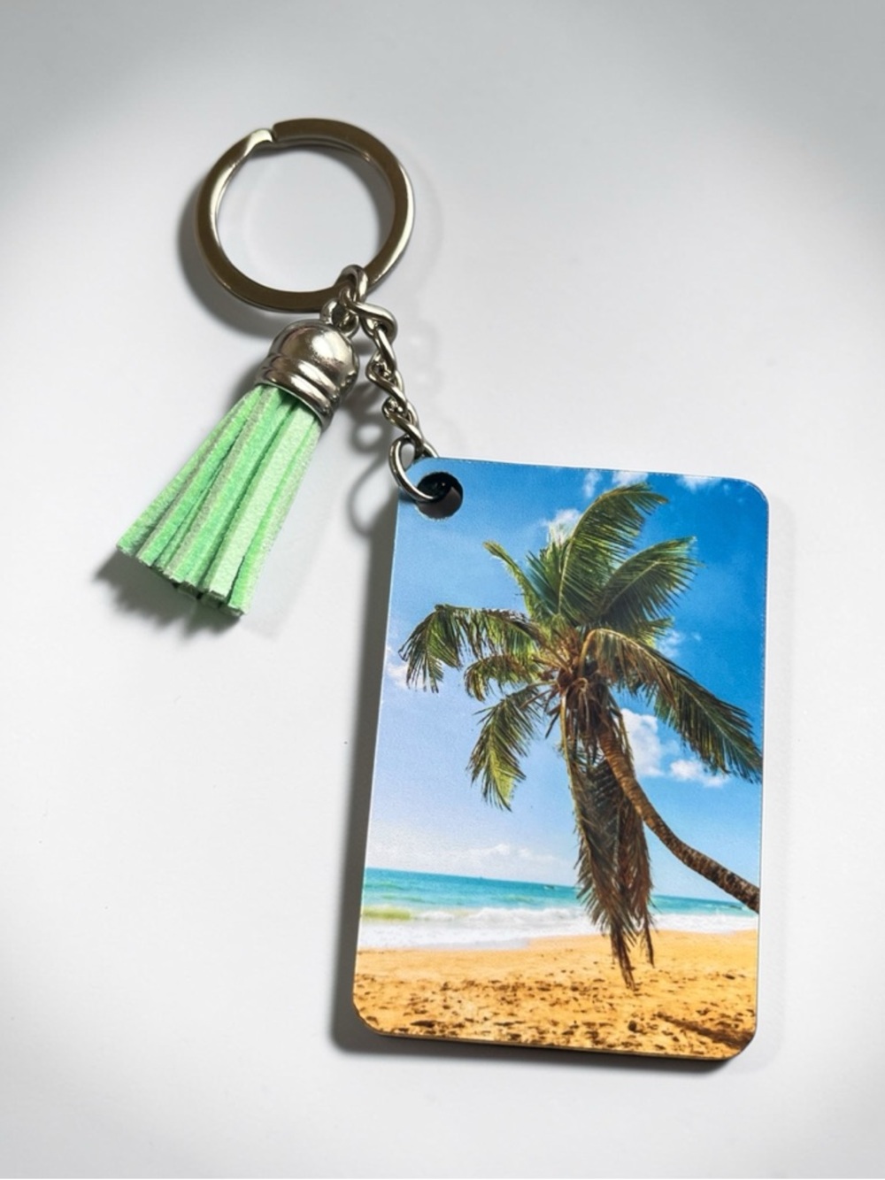 Palm Tree Beach Photo Keychain with Mint Green Tassel